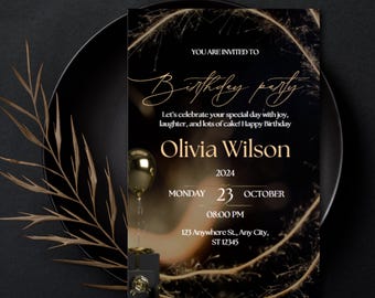90th birthday invitation for women, 90th birthday, 90th birthday party, Gold & Black, Digital birthday invitation