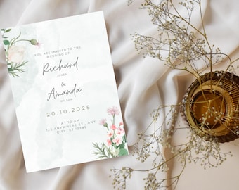 Bloemen bruiloft uitnodiging, bewerkbare bloemen bruiloft uitnodiging sjabloon, aanpasbare zomer bruiloft uitnodiging, elegant botanisch ontwerp