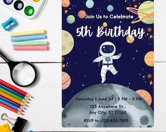 Invitación de cumpleaños de astronauta, plantilla editable de invitación de cumpleaños del espacio exterior, invitación de astronauta de nave espacial, invitación de galaxia
