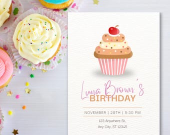 Editable Cupcake birthday invite, Cupcake Birthday Invitation, Sweet Cupcakes Birthday Invitation, Kids Sweets Birthday, Girls Cooking Party
