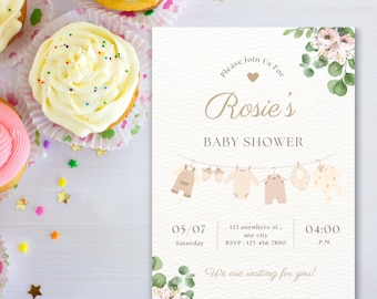 Girl Baby Clothes Baby shower Invitation, A sweet baby Girl is on her way, Laundry Pink Floral, Boho baby Editable Printable Download