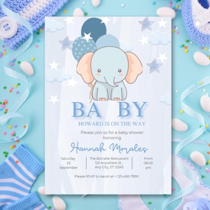 Elephant Baby Shower Invitation, Blue Balloon Baby Shower Invite, Elephant Baby Shower, Boy  Shower Invite, Digital baby shower invite