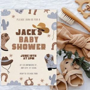 Cowboy baby shower invite, Cowboy theme party template, Western invitation, Digital baby shower invite