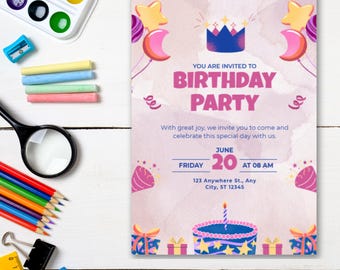 Editable 1st Birthday Party invitation, Girl 1st Birthday Invitation, Birthday Party Invite, First Birthday digital Invite Instant Download