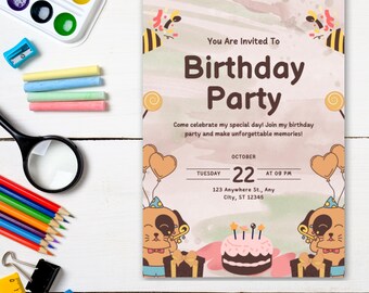 Editable Birthday party invite, Colorful Birthday Party Invitation, Bright and cheerful party, Invitations,  Digital Download