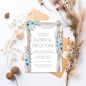 Boho Wedding Invitation Blue, Dusty Blue Wedding Invitation Template, Boho Floral Wedding Invite, Elegant Light Blue Rose Invite