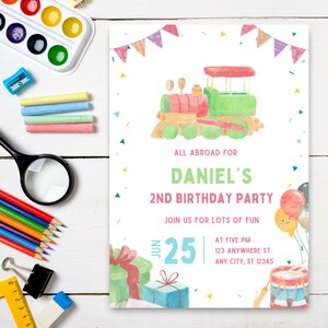 Watercolor train birthday invitation, Chugga Chugga, Choo Choo Invitation, Toy Train Invitation, Second birthday invite, Instant download