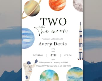 Two the Moon Birthday Invitation, Pastel Outerspace Birthday Invite, Space 2nd Birthday Party, Two the Moon Space Astronaut Birthday Invite