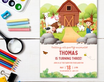 Farm birthday invitation, Farm Animals Party Invites, Barnyard Animals Ranch Kids Birthday Invitation, Farm Invitation