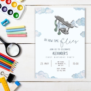 Aeroplane First birthday Party Invitation, 1st birthday Invitation, 1st boy birthday Invitation, Time Flies When You’re Turning One