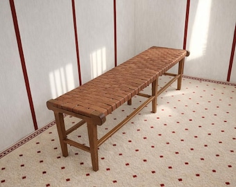 Moroccan Woven Leather Bench Handmade Artisan Seat Boho Home Furniture Decor.
