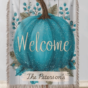 Personalized Fall Blanket: Teal Pumpkin, Custom Family Name