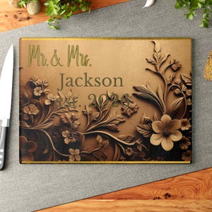 Custom Floral Glass Cutting Board  Elegant Wedding Gift for Couple Personalized Name Kitchen Decor  Anniversary  Housewarming Present