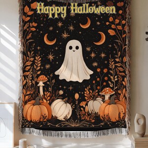 Halloween Gift for Kids or Grandkids Happy Halloween  Cozy Ghost Blanket with Stars and Mushrooms, Cute Fall Throw for Trick-or-Treat Fun