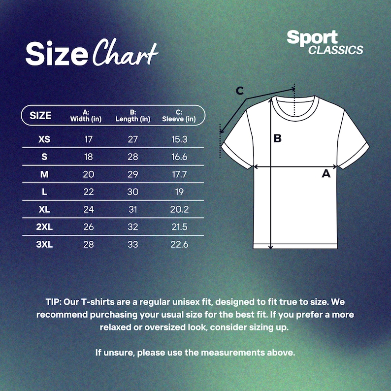 May include: A size chart for t-shirts, with measurements in inches for width, length, and sleeve. Sizes range from XS to 3XL. The image includes a diagram of a t-shirt with labeled dimensions and the text "Sport Classics".