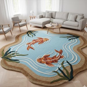 May include: A unique, decorative rug with a pond design. The rug features two orange koi fish swimming in a light blue pond, with white wave accents. The border is a natural woven material, and green aquatic plants are placed around the pond.