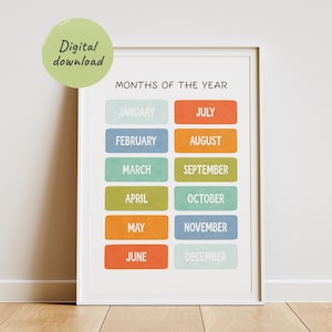 Maanden van het jaar poster, educatieve grafiek voor kinderen, montessori homeschool, kleurrijke kinderkamerkunst, speelkamerdecor, cirkeltijd afdrukbaar