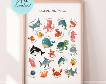 Ocean Animals Poster, Sea Nursery Decor, Montessori Materials, Playroom Decor, Sea Collection, Animal Nursery, Under the Sea Prints