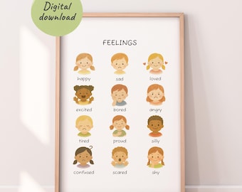 Feelings Chart for Kids, Emotions Poster, Calm Corner Printable, Montessori Classroom Decor, Therapy Office Wall Art, Digital Download
