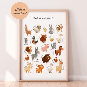 Farm Animals Poster, Educational Animal Posters, Nursery Wall Decor, Kids Educational Prints, Playroom Decor, Montessori Educational Posters