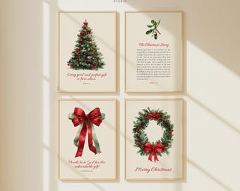 May include: Four framed Christmas art prints. The prints feature a Christmas tree, mistletoe, a red bow, and a wreath. Each print has text, including "Every good and perfect gift is from above" and "Merry Christmas."