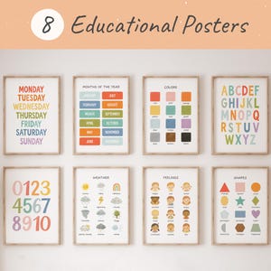 Set di 8 poster educativi, decorazioni per aule Montessori, stampe di alfabeto, numeri e forme, decorazioni da parete per l'apprendimento dei più piccoli, set di stampe per l'istruzione parentale