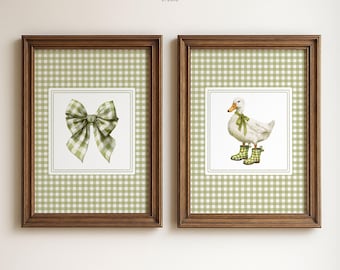 Sage Green Nursery Wall Art Set Farmhouse Nursery Decor Vintage Goose Prints Folk Gingham Kid's Decor Printable Green Art Digital Download
