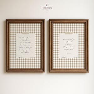 May include: Two framed prints with brown wooden frames. Each print features a torn piece of paper with handwritten text, taped to a tan and white checked background. The prints are from Hopelune Studio.