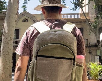 Mochila de cáñamo verde oliva / Bolso boho de lona con estampado de espiga / Hecho a mano en Nepal de forma ecológica