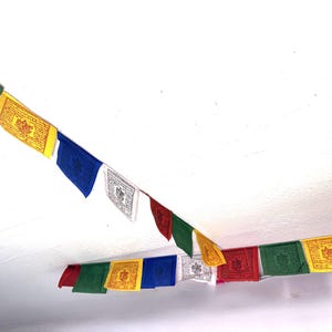 Könnte beinhalten: Eine Schnur mit rechteckigen Gebetsfahnen in den abwechselnden Farben Grün, Gelb, Blau, Weiß und Rot. Jede Fahne zeigt gedruckten Text und zentrale grafische Symbole und ist in zwei Reihen vor einem weißen Hintergrund aufgehängt.