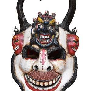Antique Handmade Bhairav Healer Mask with Yak Horns - 66x40cm Tibetan Shamanic Wall Decor