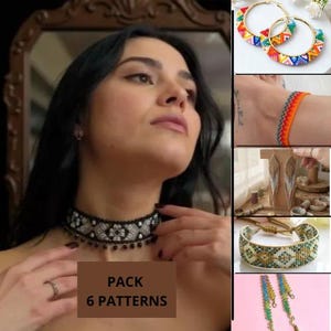 May include: A woman wearing a black and silver beaded choker necklace. The image also shows a variety of beaded jewelry, including hoop earrings, a bracelet, and other necklaces. The text "PACK 6 PATTERNS" is visible.