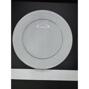 Puede incluir: Un plato de porcelana blanca con un diseño floral alrededor del borde y un ribete plateado. El plato tiene una superficie lisa y brillante y está sobre un fondo negro. Este elegante plato es adecuado para cenas formales.