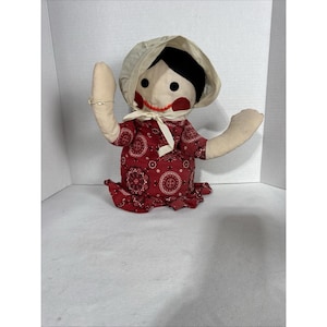 Vintage Avon Stuffed Rag Doll Red Dress Black Hair with Bonnet