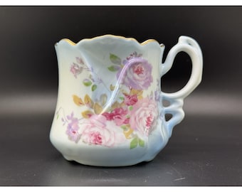 Nippon Porcelain Handled Hand painted Mustache Mug Cup Floral Gold Accents