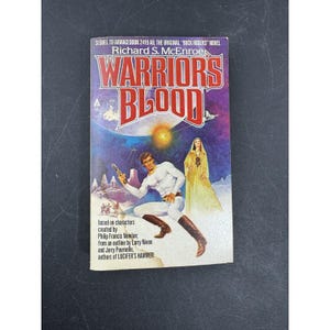 May include: A vintage paperback book titled "Warriors of Blood" by Richard S. McEnroe. The cover features a science fiction illustration with a man in a white uniform holding a ray gun, a woman in a gold dress, and the title in large, bold letters.
