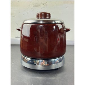 Vintage West Bend Electric Bean Pot Brown Glazed Ceramic Crock with Chrome Base