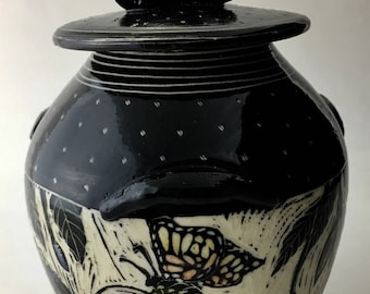 Butterfly Sgraffito Lidded jar