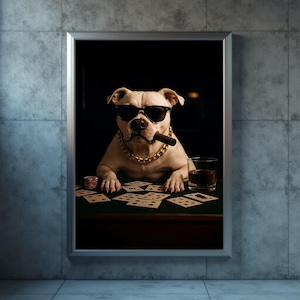 Cani che giocano a poker, stampa di un cane pitbull, stampa in PDF per amanti del poker, decorazioni murali con carte da gioco, download istantaneo di arte digitale