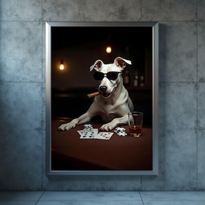 Cani che giocano a poker, stampa di un cane bianco, stampa in PDF per amanti del poker, decorazioni murali con carte da gioco, download istantaneo di arte digitale