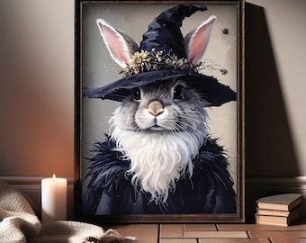 Cute Witch Bunny Halloween Wall Art, Funny Rabbit in Witch Hat, Digital Download Animal Print for Nursery or Spooky Fall Decor