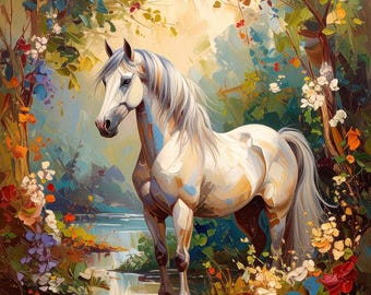 Majestic White Horse Art Print, Mystical Forest Landscape Oil Painting, Fantasy Nature Wall Decor, Digital Fine Art Download for Home