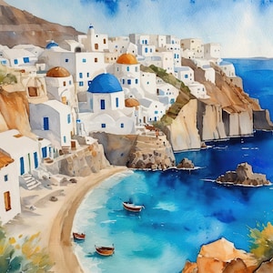 Santorini Greece Watercolor Digital Print, Blue Dome Houses, Aegean Sea Coastal Wall Art, Greek Island Decor Download,Santorini Coastal Town