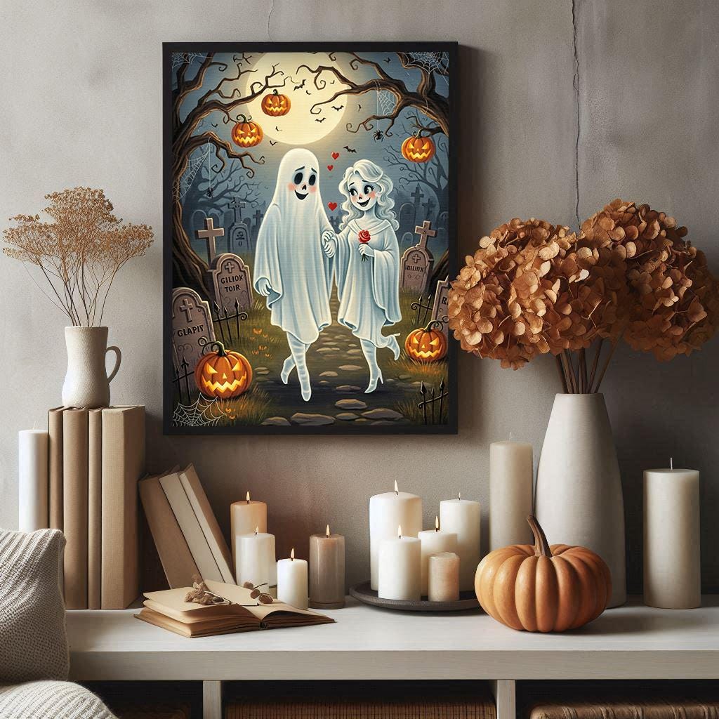 R*U様 【Halloween party】アクリル画 F6 風景画 絵画 Cute Ghost Couple Halloween Art Print, Spooky Graveyard Wall Decor