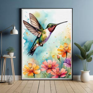 ハチドリの水彩画プリント、カラフルな鳥と花のウォールアート、花の自然をモチーフにしたデジタルダウンロード、ボヘミアン風ホームデコレーションポスター