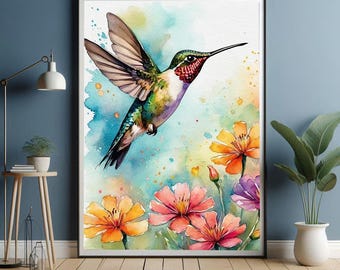 Impresión de acuarela de colibrí, arte mural colorido de pájaros y flores, descarga digital de naturaleza floral, póster de decoración bohemia para el hogar.