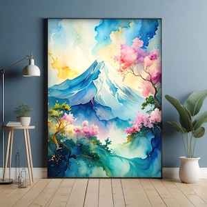 Mount Fuji Wall Art Print, Japanese Landscape Painting, Cherry Blossom Digital Poster, Asian Inspired Home Decor, Printable Artwork