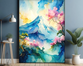 Mount Fuji Wall Art Print, Japanese Landscape Painting, Cherry Blossom Digital Poster, Asian Inspired Home Decor, Printable Artwork