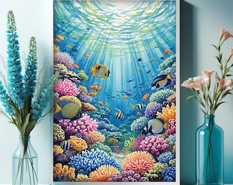 May include: A framed watercolour painting depicting a vibrant underwater coral reef. The artwork showcases colourful coral, diverse fish species, and sunlight filtering through the water. The colour palette includes blues, greens, pinks, and yellows.