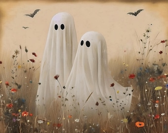 Ghost Halloween Wall Art, Boho Fall Printable Decor, Spooky Cute Digital Download, Neutral Ghost Poster, Autumn Aesthetic Art